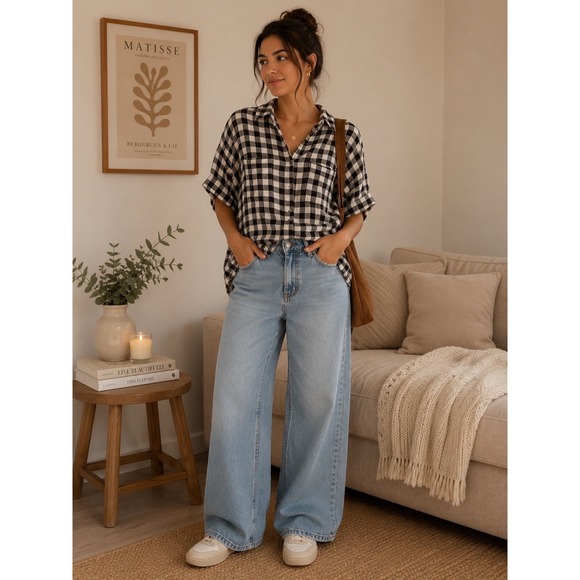 Madewell Tops - Madewell Womens Medium Black White Gingham Plaid Short Sleeve Button Down Shirt